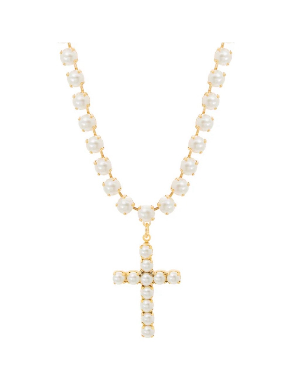 TOVA Mini Donatella Pearl Bead Cross Necklace - White and Gold